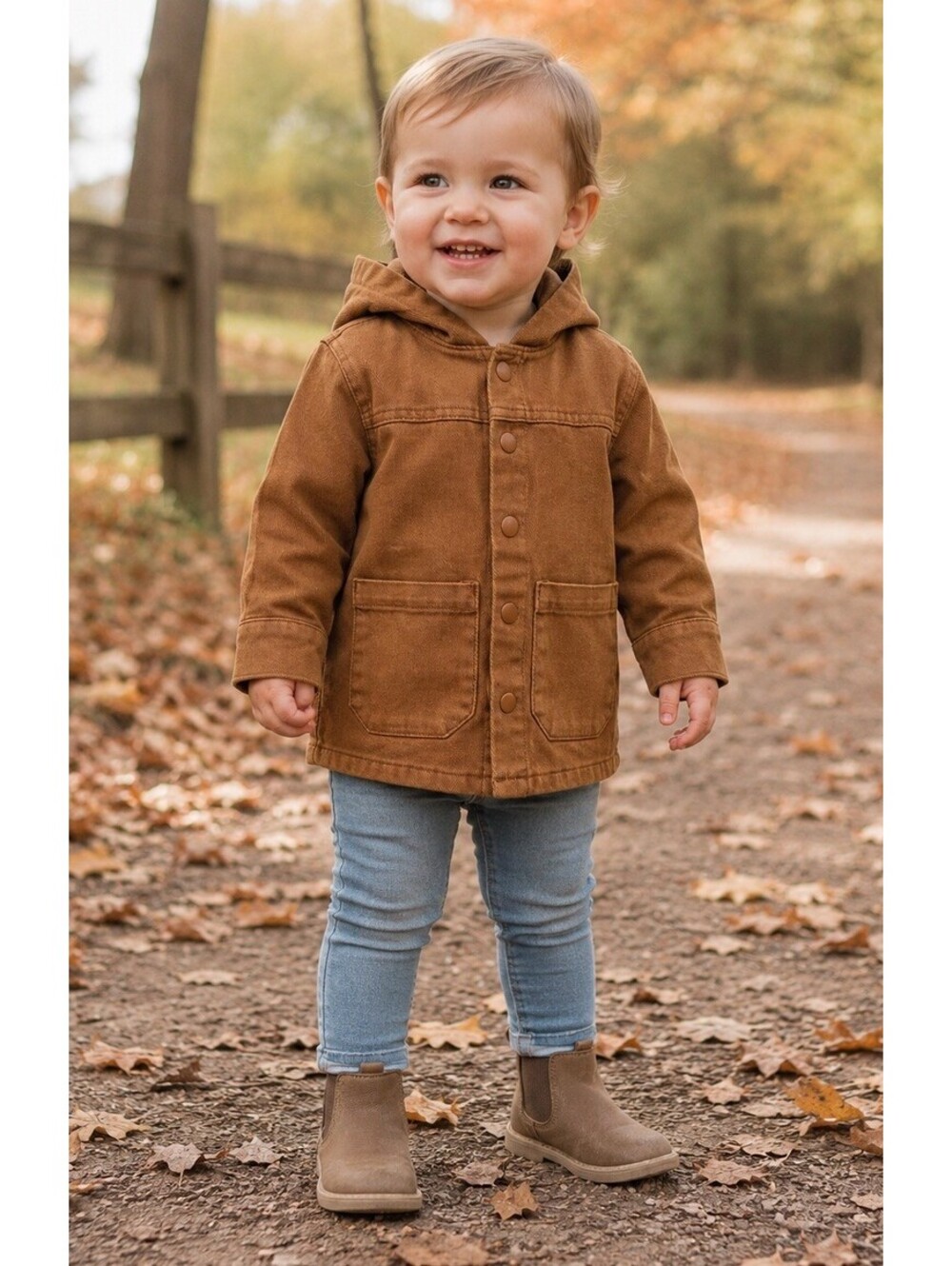 Cat & Jack Toddler Boy 18M Cognac Brown Hooded Snap Front 100% Cotton Jacket NWT